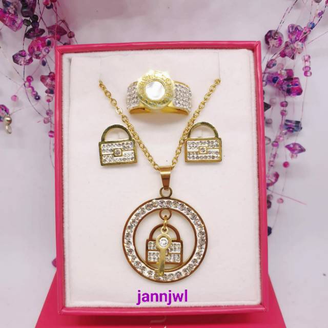 Kalung set mewah bling2 + BOX perhiasan titanium asli