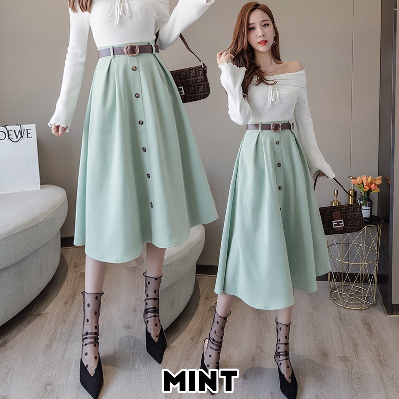 KARAKOREA 9856 Loona Skirt + Belt (Rok autumn/Rok Midi/Rok Kerja/ Midi Skirt)/Rok Korea Skirt