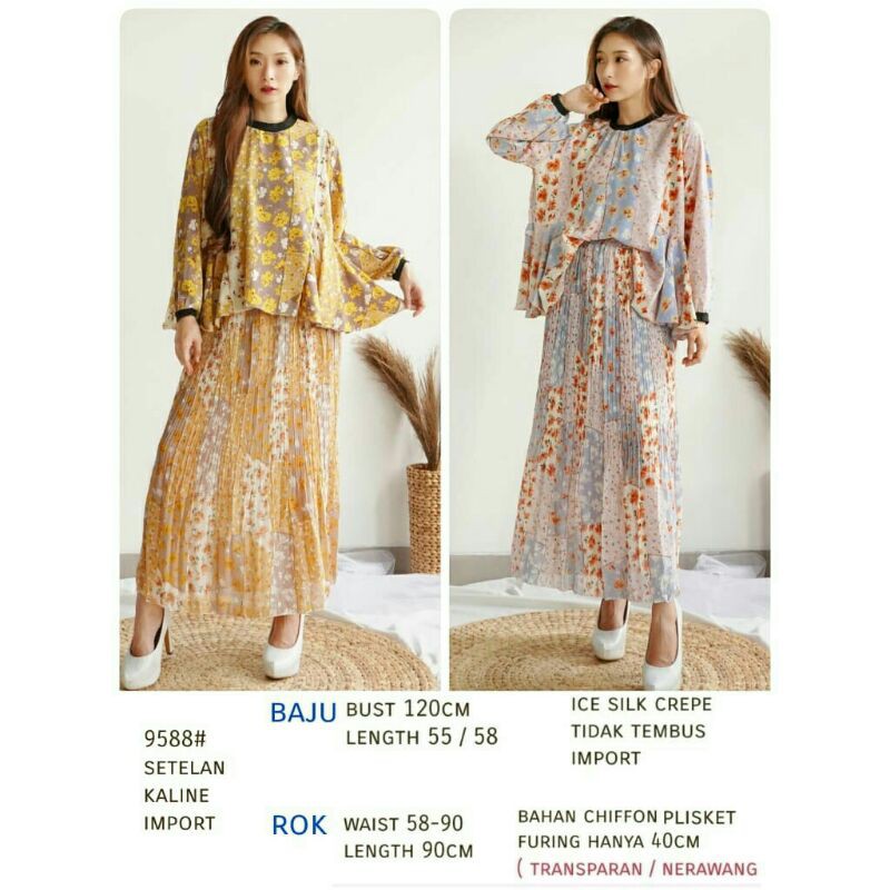 9588 Baju atasan blouse set rok plisket wanita import setelan baju rok panjang plisket cewek import