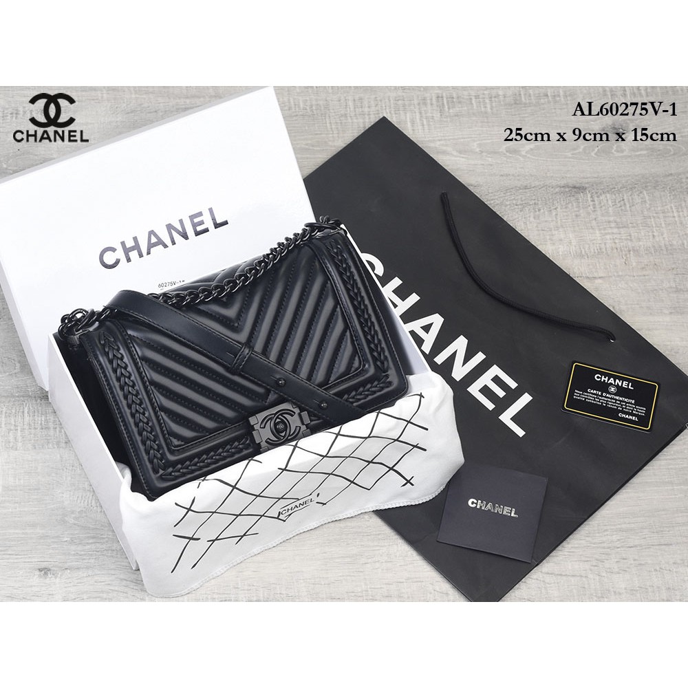 Tas Chanel Boy So Black CHEVRON Braided LAMBSKIN HITAM Box 60275V-1