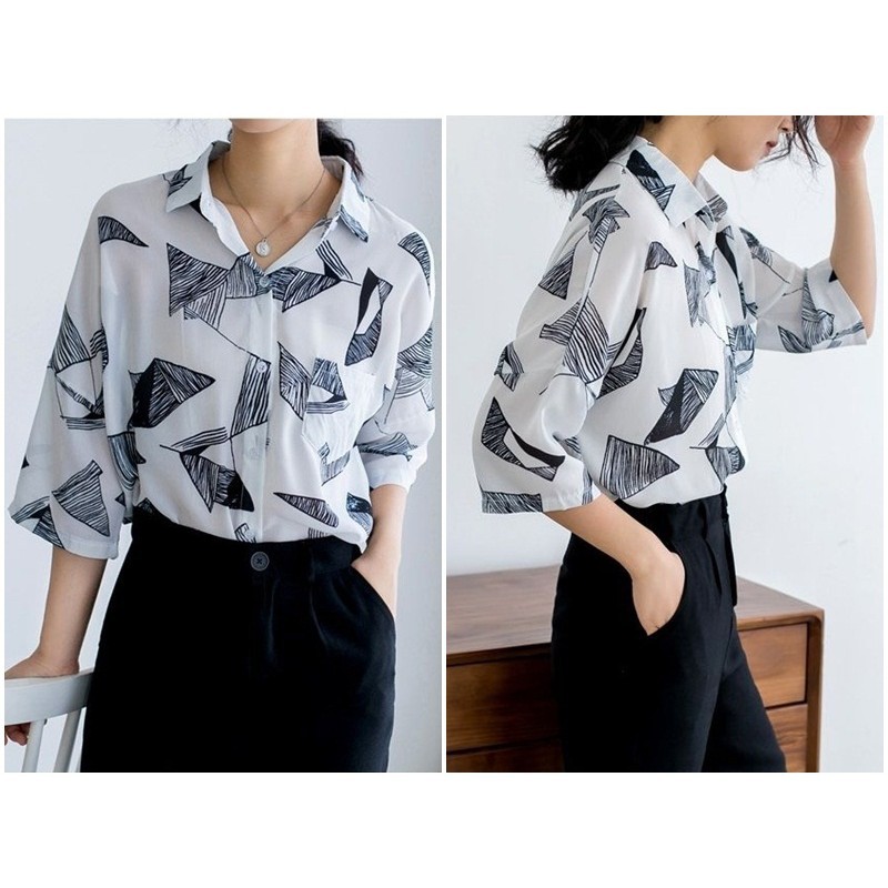 [baju wanita korea]  Baju Atasan Kemeja Putih Hitam Wanita Korea Import