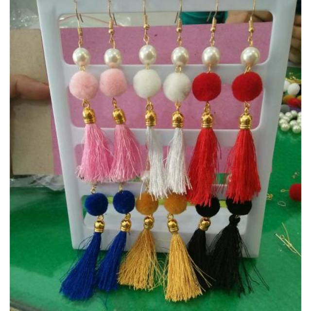 Anting Hijab Sepasang Model /Anting Pompom Tassel Grosir Ecer/ Aksesoris GIWANG Tokopelanginicer