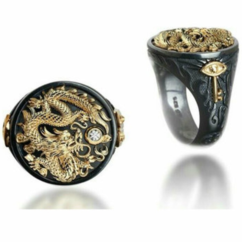 Cincin Titanium Pria Desain Hewan Ular Naga Serigala Warna Cincin Hitam Emas Untuk Keren