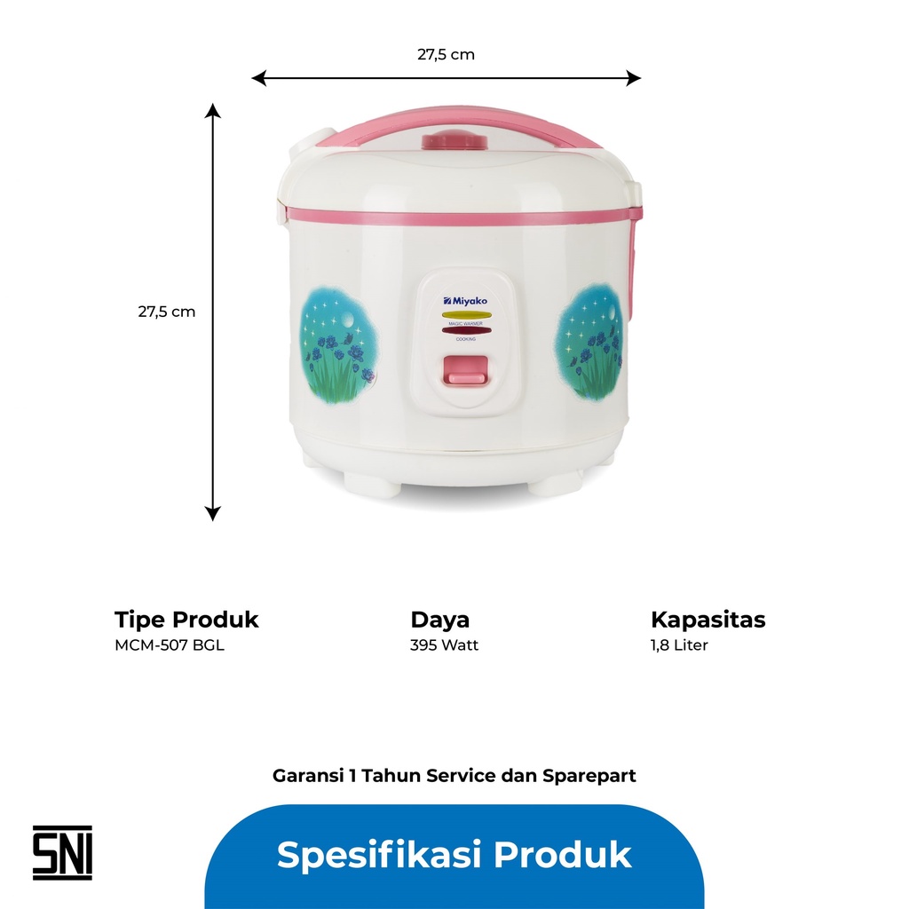 Miyako MCM507BGL Rice Cooker / Magic Com 1.8 Liter 3 in 1 Bonus Gelas Ukur dan Sendok Nasi