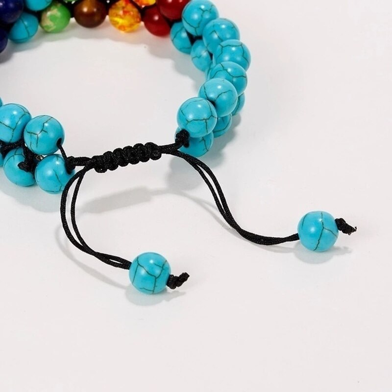 Gelang Manik-Manik Batu Alami 7 Chakra Energi Penyembuhan Multilayer Adjustable Warna Putih Turquoise