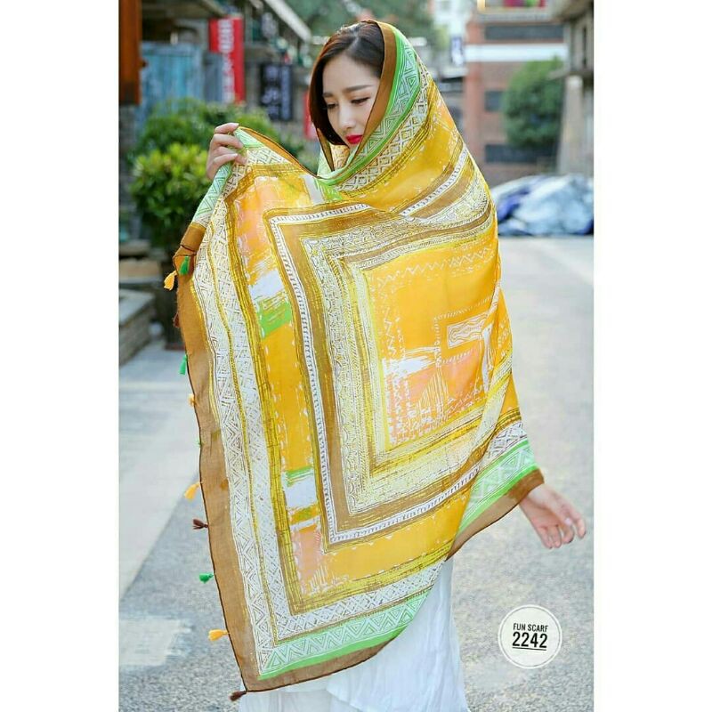 

pashmina import kuning abstrak hijau stabilo