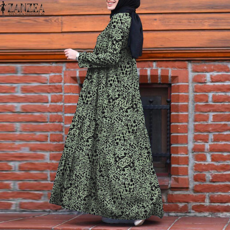 ZANZEA Women Long Sleeve Vintage Printed Muslim Loose Maxi Dress