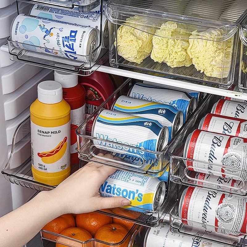Rak Penyimpanan Botol Soda / Bir Model Transparan Bahan Plastik Dengan Gagang Untuk Kulkas