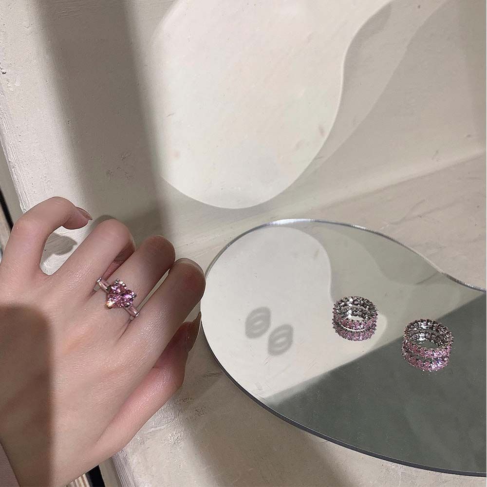 Needway  Sweet Women Finger Rings Temperament Fashion Jewelry Korean Style Rings Pink Wild Love Geometric Rhinestone Square Copper