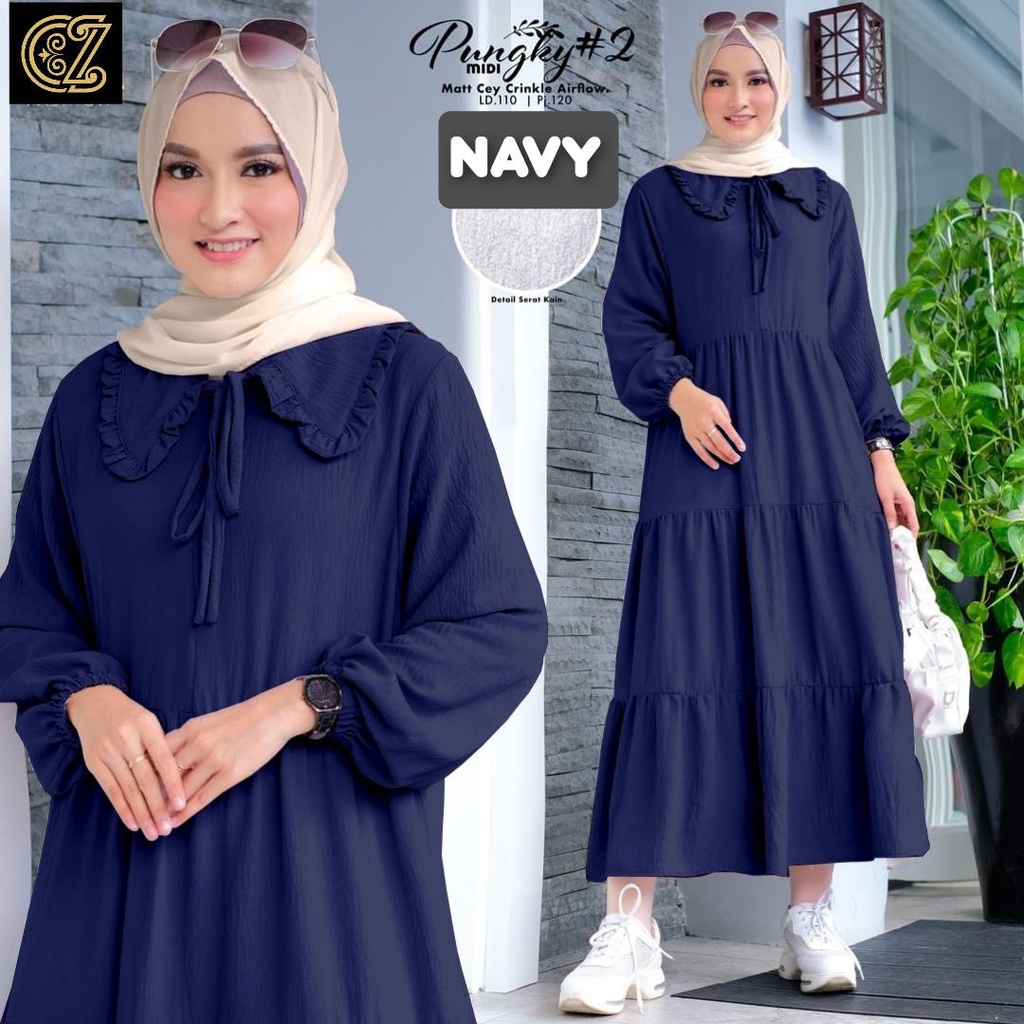 Pungky 2 Gamis Wanita Crinkle Uragiri Premium Dress Wanita Lengan Panjang Karet Susun Baju Wanita Muslim Kekinian LD 110 cm