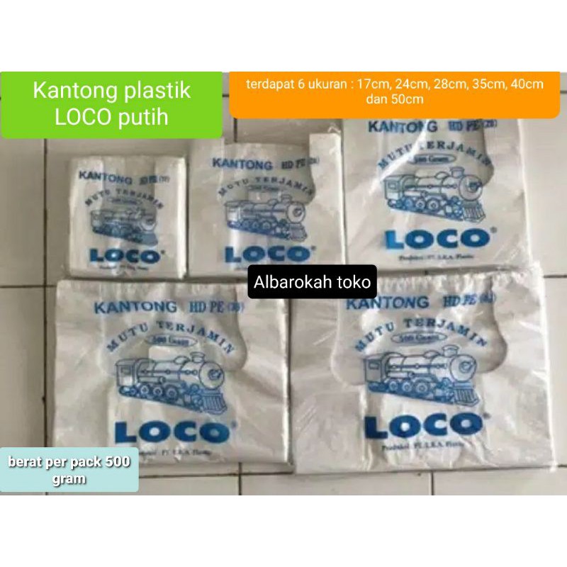 Kantong tenteng merk LOCO warna putih, terdapat 6 ukuran : 17cm, 24cm, 28cm, 35cm, 40cm dan 50cm