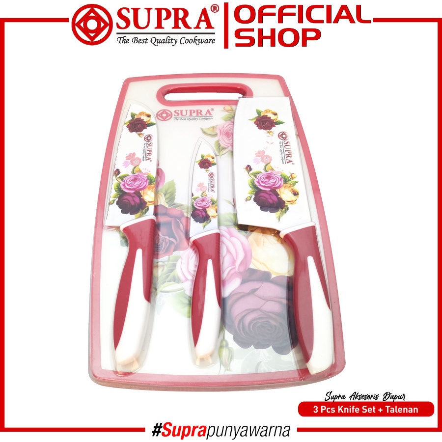 SUPRA Set Pisau 3pcs + Talenan Besar Motif Bunga