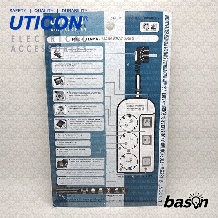 UTICON ST8382SW + 3 Lubang + Kabel 3 Meter - Stop Kontak + Saklar Individual