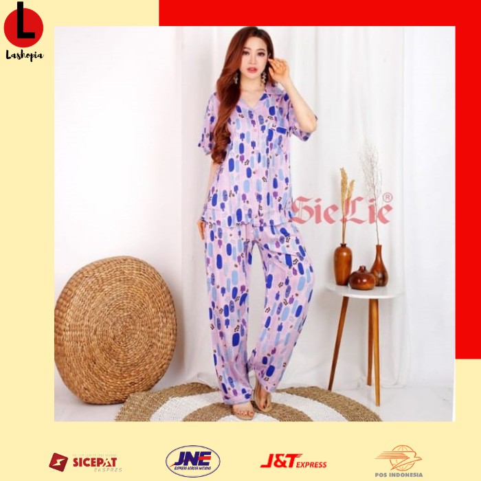 Piyama baju tidur rayon tangan pendek wanita dewasa motif abstrak cantik kekinian Sie Lie