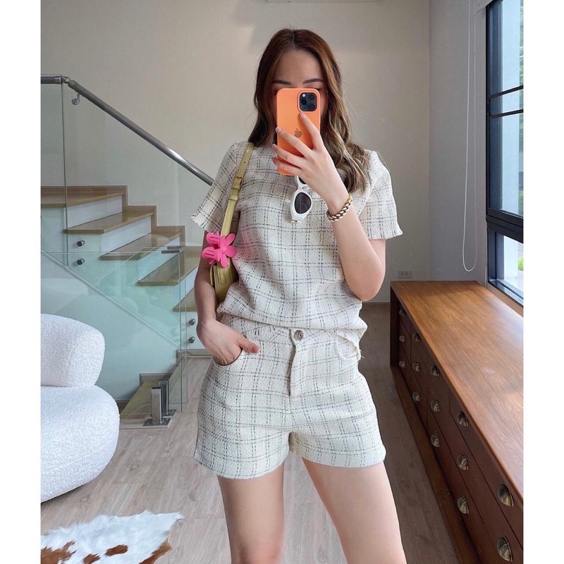 Cinday tweed aet korean tweed blouse short pants celana pendek wanita