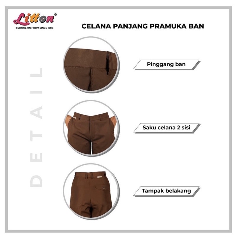 Celana panjang Pramuka BAN pinggang SMP SMA Litton famatex halus / Seragam celana coklat