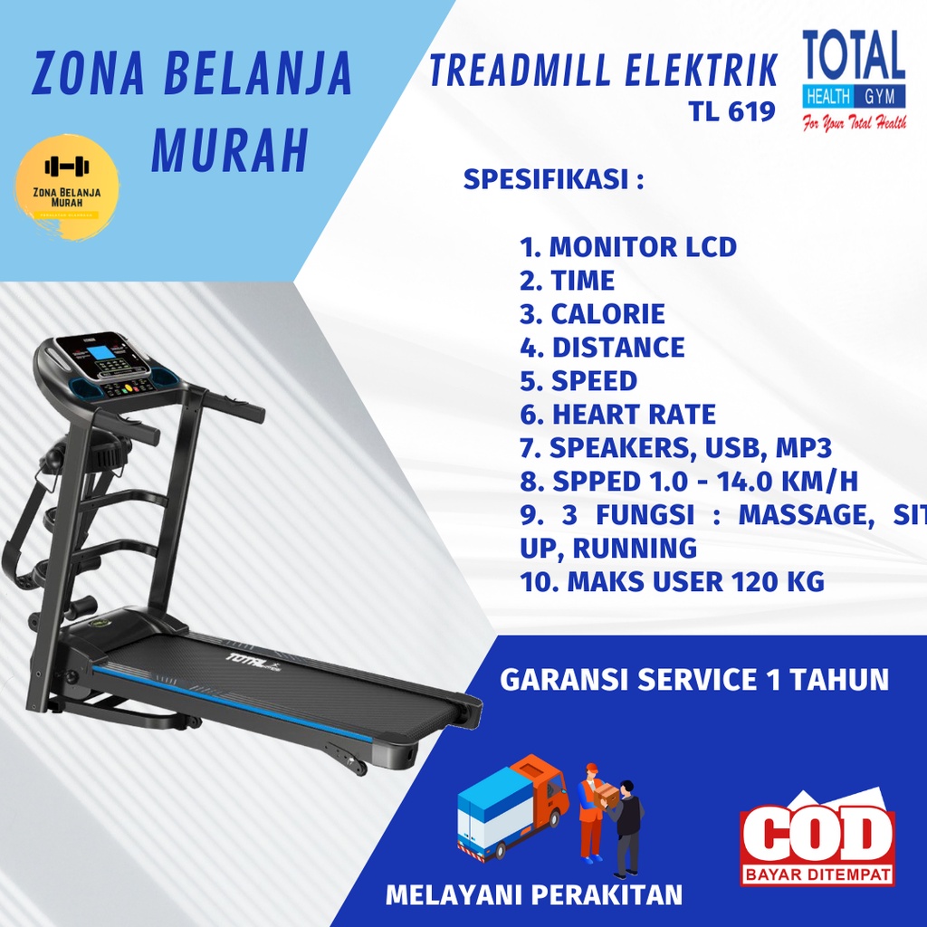 TOTAL FITNESS Alat Fitnes Lari Treadmill Elektrik TL 619 Manual Incline