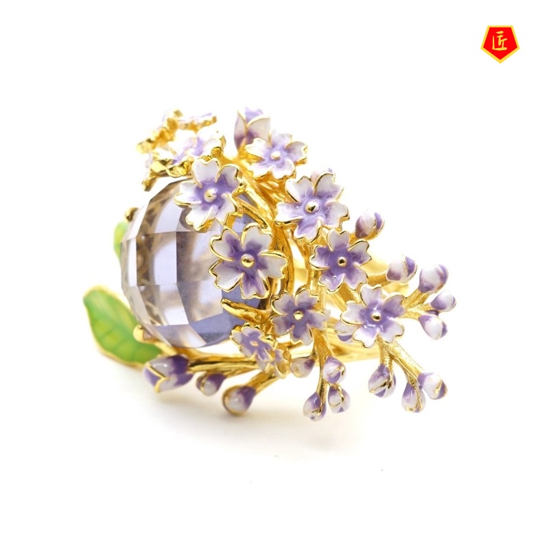 [Ready Stock]Diamond Pink Flower 18K Gold Ring Amethyst Noble Elegant Graceful