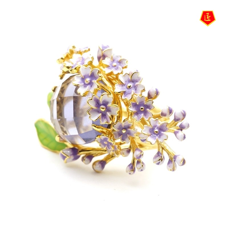 [Ready Stock]Diamond Pink Flower 18K Gold Ring Amethyst Noble Elegant Graceful