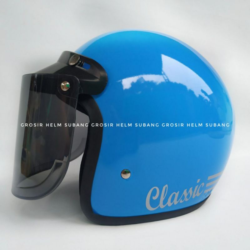 HELM BOGO DEWASA RETRO CLASSIC GARIS SNI WARNA BIRU MUDA - Busa pinggir bisa di lepas