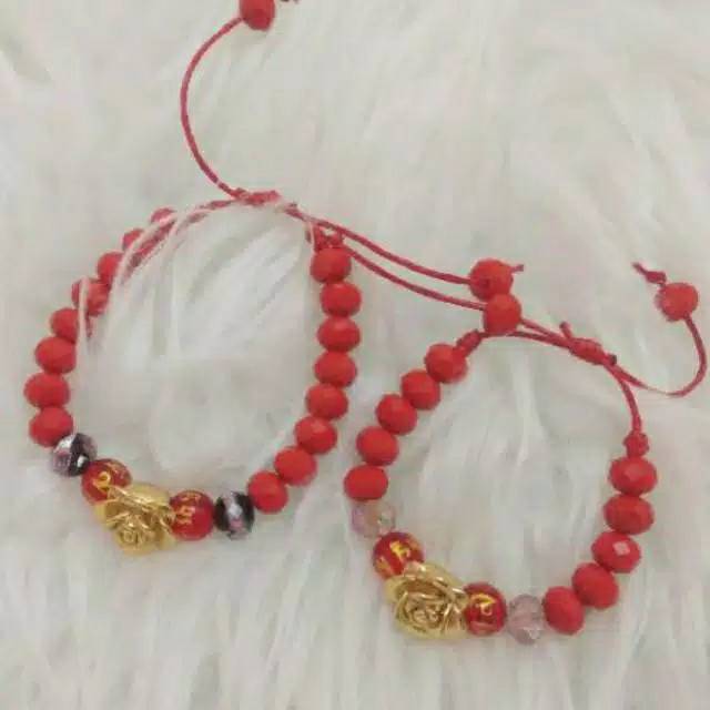 Gelang Tali Kristal Merah Bunga Lampwork ( 2 bh )