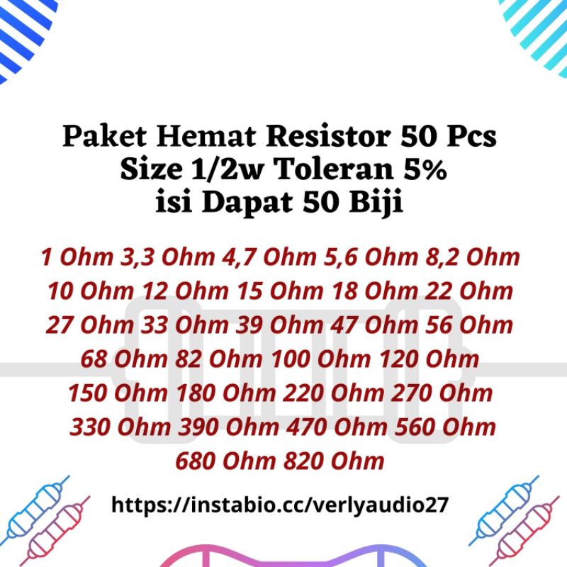 Resistor Metal Film 1/2w R Seperempat Watt Component Elektronik isi 50 Biji Verlyaudio27 Nilai 1 3,3