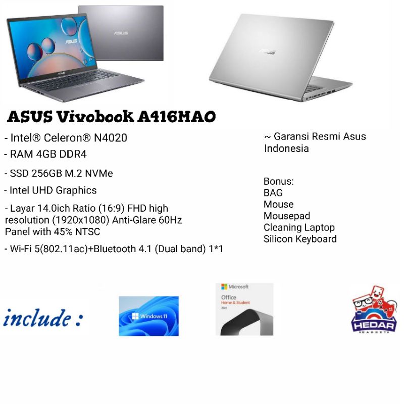 Asus Vivobook A416MAO Intel N4020 4GB 256GB Intel W11 OHS 14 FHD