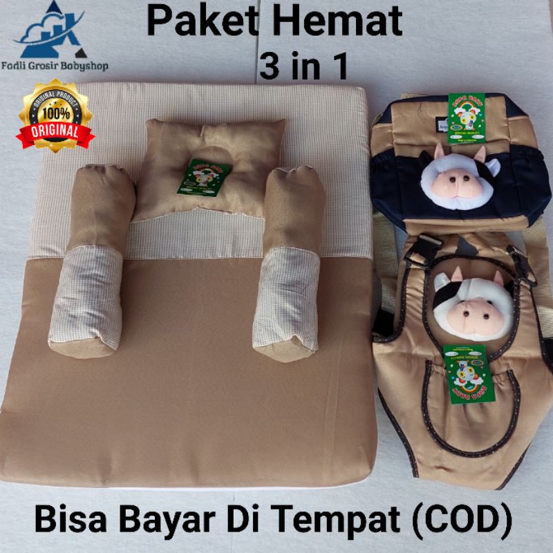 Paket Hemat (3 in 1) Tas Bayi Boneka Sapi Gendongan Bayi Depan Ransel Dan Kasur Matras Bayi Set Bantal Guling Terbaru