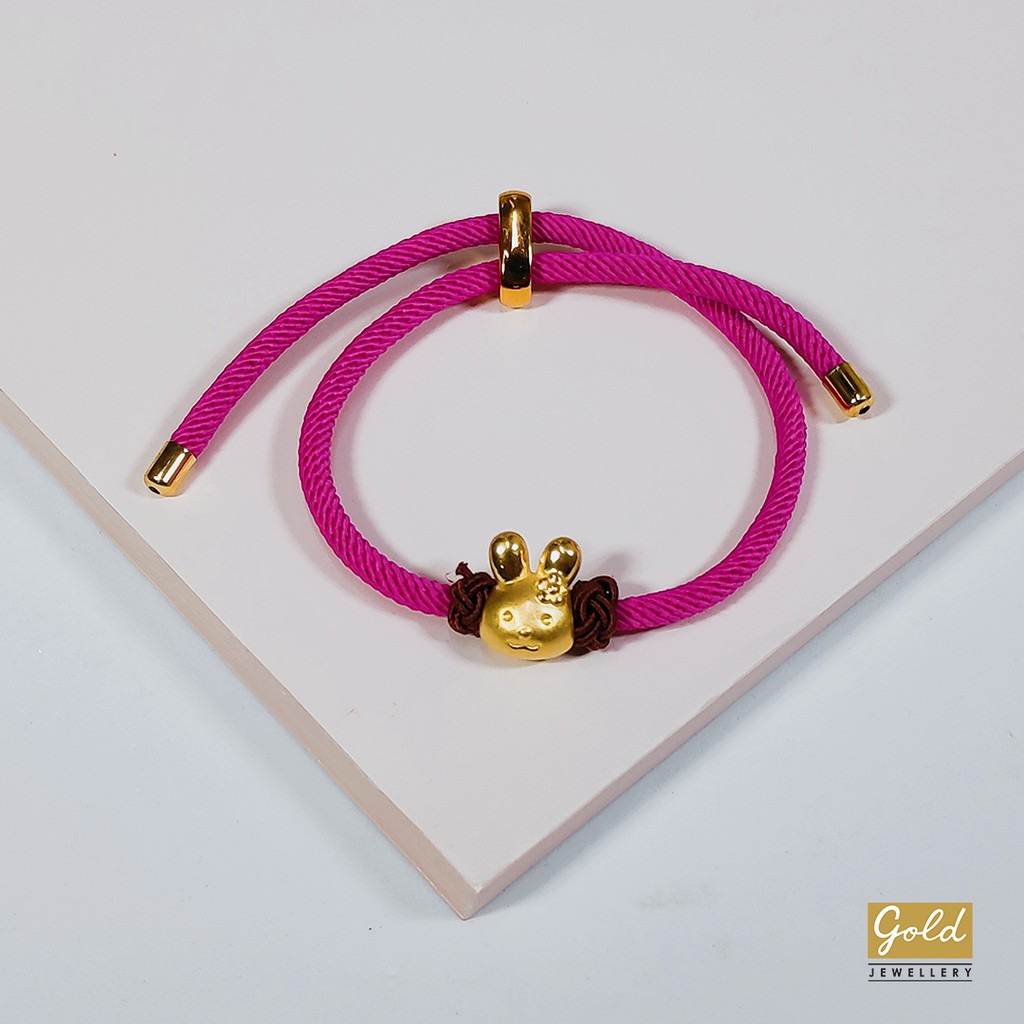 Gelang tali emas hongkong 24k 999 charm kelinci face pdr kain pink