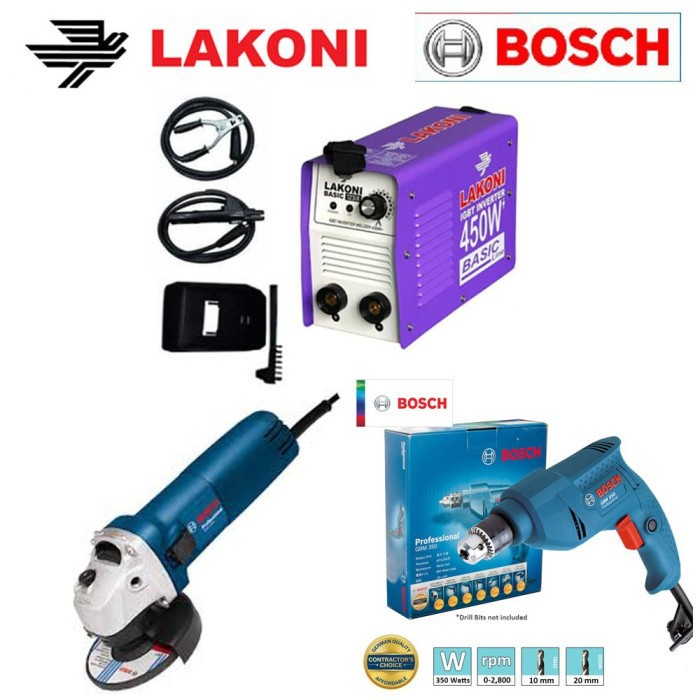 Paket Mesin Las Lakoni Basic 123ix + Bor Bosch GBM350 + Gerinda Bosch