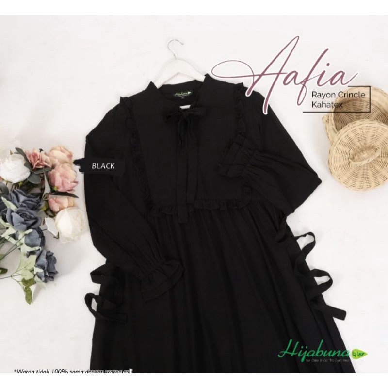 Gamis Aafia Hijabuna Black - Hitam - dress Rayon Crinkle Kahatex premium polos hijab jilbab syari sy