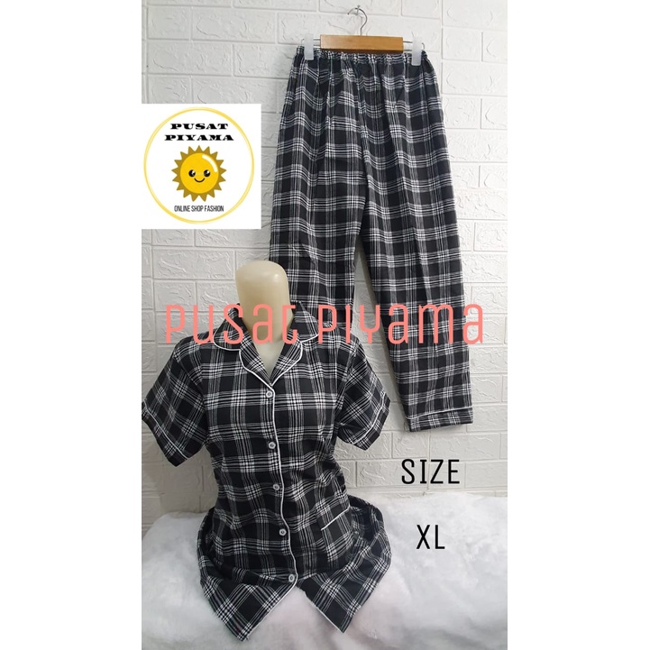 Setelan Lengan Pendek Piyama Baju Tidur Wanita Guilen Kotak Pajamas Cewek Dewasa Kekinian Abg-XL Kelita Pndk Hitam