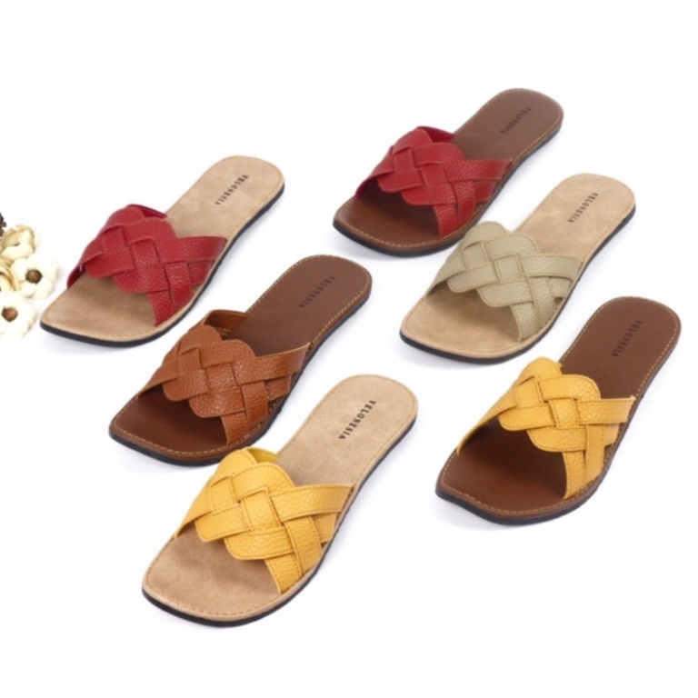 Sandal Wanita Flat Sandal Flip Flop Kulit Sintetis Sandal Papirut Sol Karet Anti Licin Velonesia - Nastya