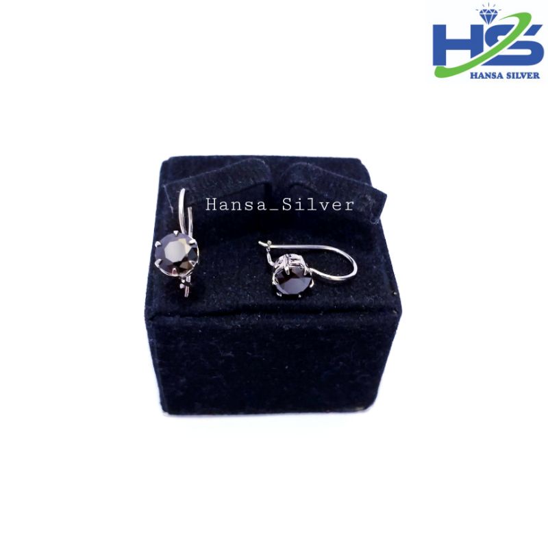 Anting Perak Asli Silver 925 Lapis Emas Putih Model Desi Permata Hitam - Anting Wanita Anti Karat