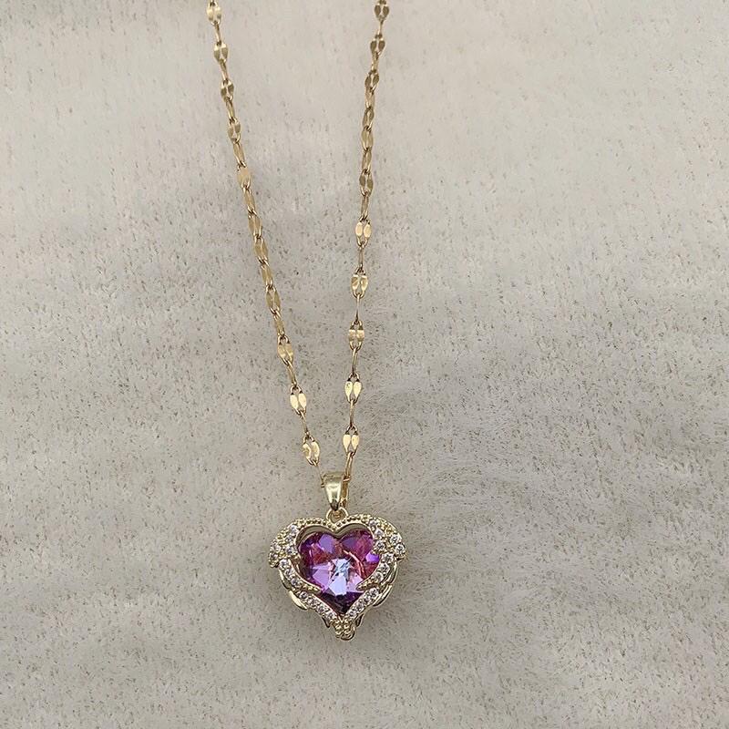 Kalung Rosegold Liontin Titanium Premium import Kaca diamond Love Ungu Aksesoris Wanita Perhiasan Korea  Perhiasan wanita /  Kalung  wanita terbaru kekinian /  Kalung  emas wanita /  Kalung  tangan wanita / Gelang wanita korea / Kalung xuping terbaru