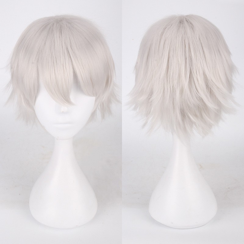 K049-2 Silver White wig base cowok jabrik pendek cosplay rambut palsu