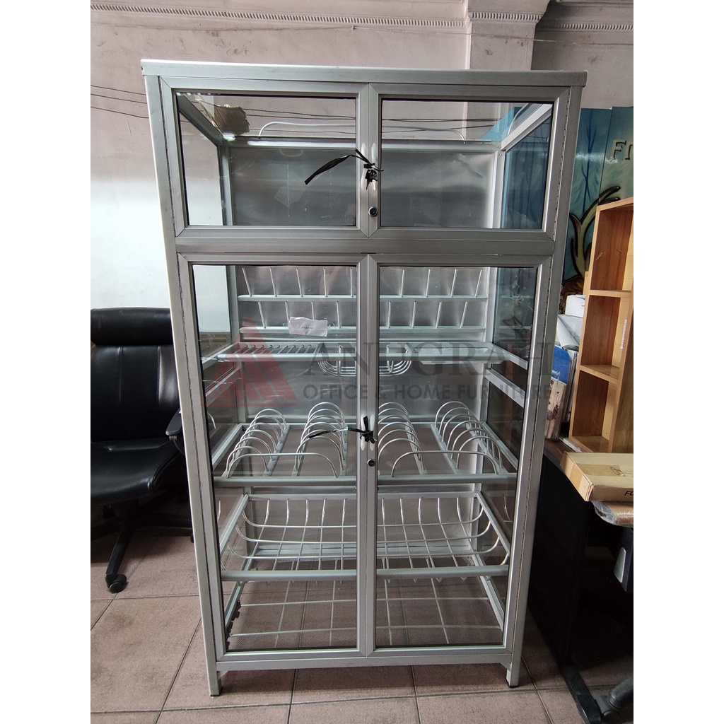 Rak piring 2 pintu full kaca jumbo lemari dapur aluminium starindo