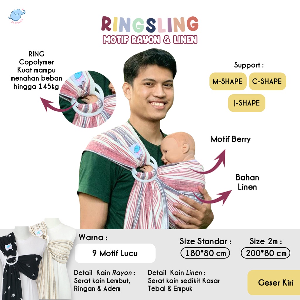 elephas ring sling motif   gendongan bayi newborn dan toddler gendongan premium best seller bergaran