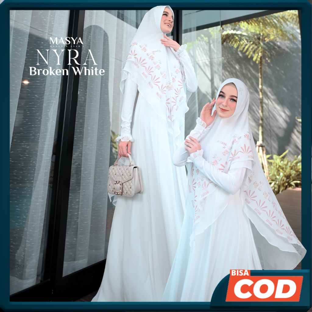 Set Gamis Dress Busui Friendly Ceruty Babydoll Premium Syari Branded Warna Putih Tulang - Broken Whi