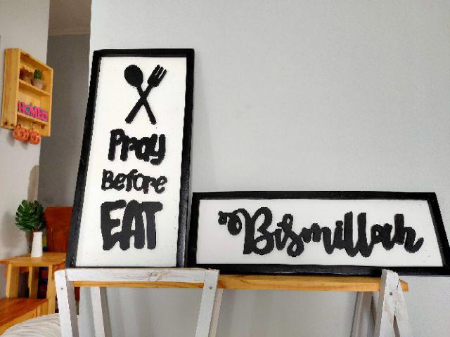 (paket Hemat) Hiasan Dinding Frame Bismillah Dan Pray Before Eat Untuk Ruang Makan, Restoran
