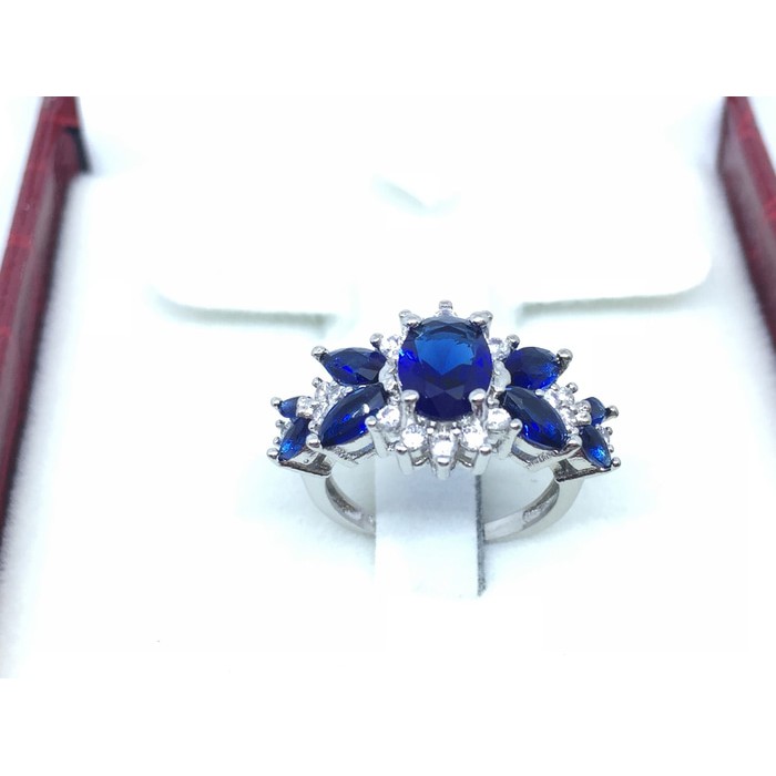Cincin Pesta Batu Biru Berlian Replika Silver Lapis Emas Putih - BR191