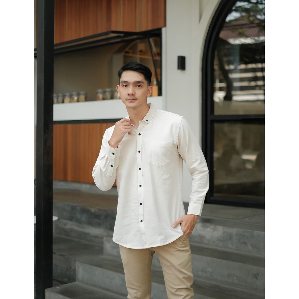 NESS kemeja katun linen panjang kemeja katun lengan panjang kemeja pria bahan katun  linen kemeja pria atasan pria lengan panjang kemeja panjang katun kemeja katun panjang 04 BROKEN WHITE