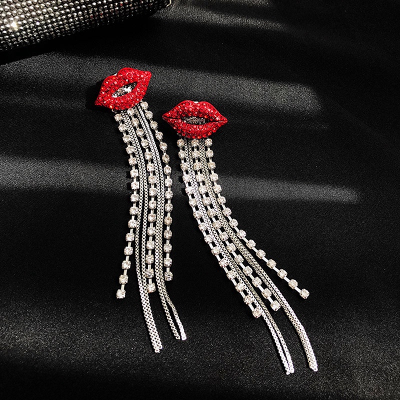 Anting Rantai Panjang Desain Bibir Merah Aksen Berlian Imitasi Bahan 925 Silver