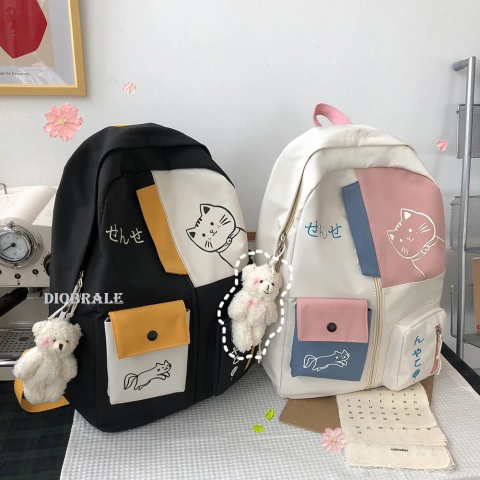 Diobrale - Tas Ransel Anak Remaja Wanita Motif Kucing Karakter Sekolah SD SMP Kekinian Terbaru 2024
