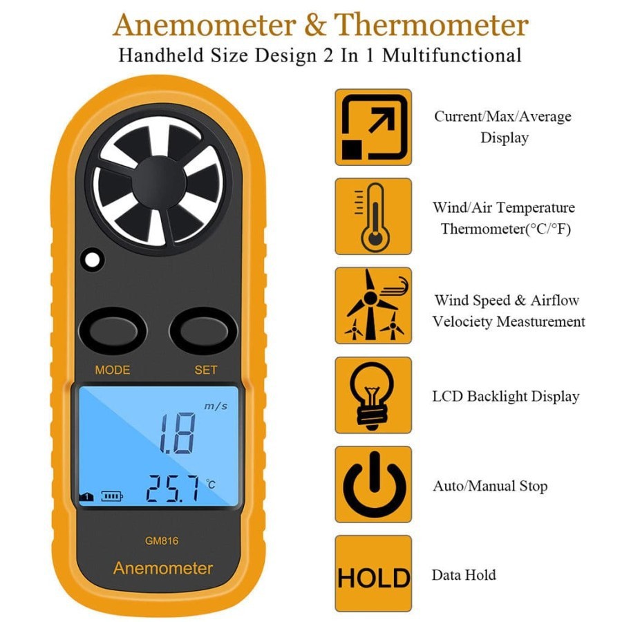 Anemometer Digital Pengukur Kecepatan Angin Alat Ukur Suhu Thermometer