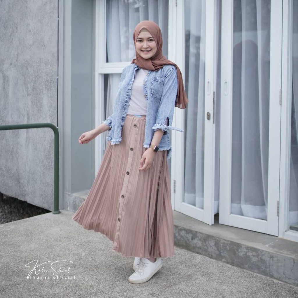 [𝐄𝐥𝐡𝐮𝐬𝐧𝐚] Kala Skirt Rok Wanita Plisket Terbaru Premium Polos Lebar Payung A Line