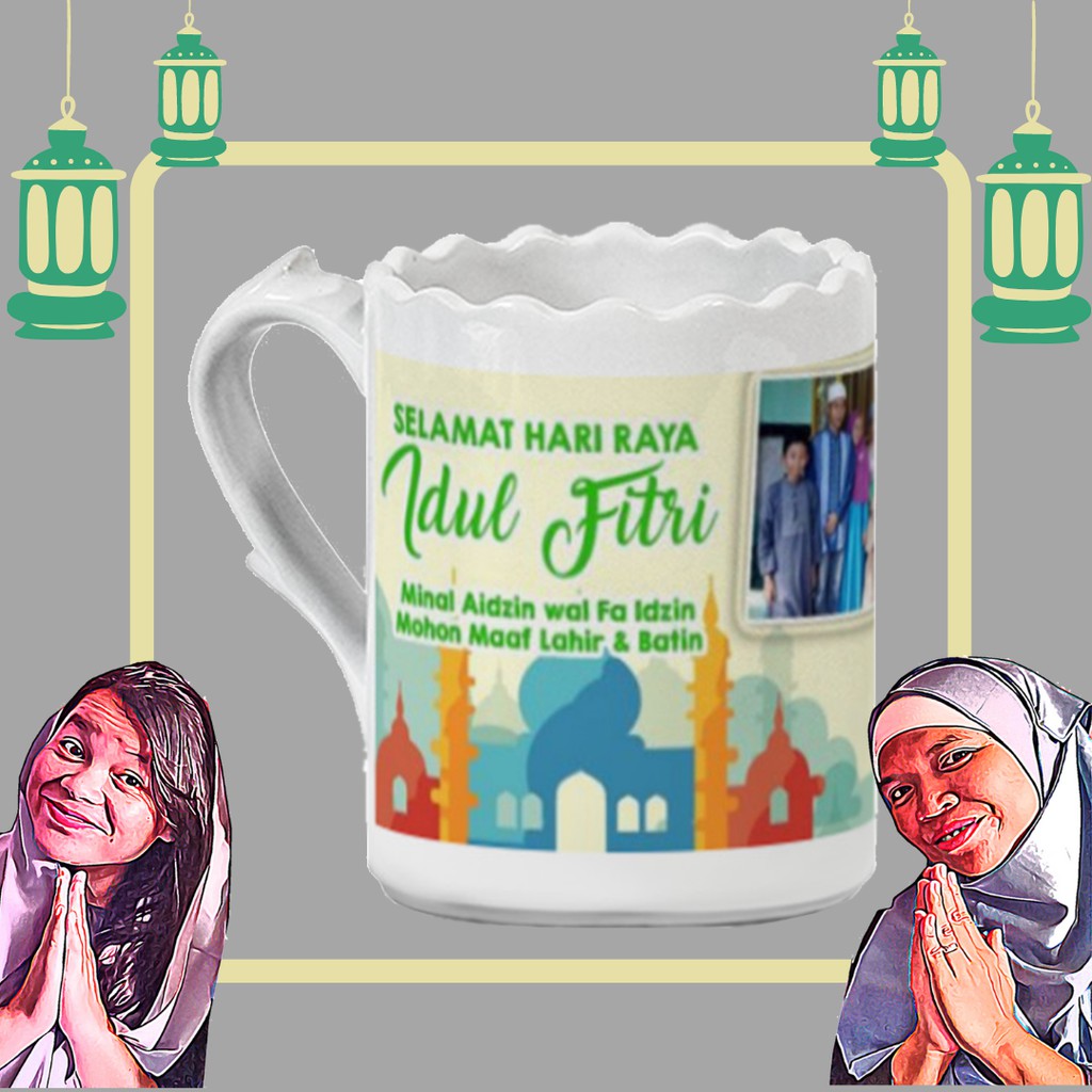 Mug Hampers Lebaran EID - Bisa Custom Foto + Tulisan - Mug Custom Flower - Hampers Lebaran Custom