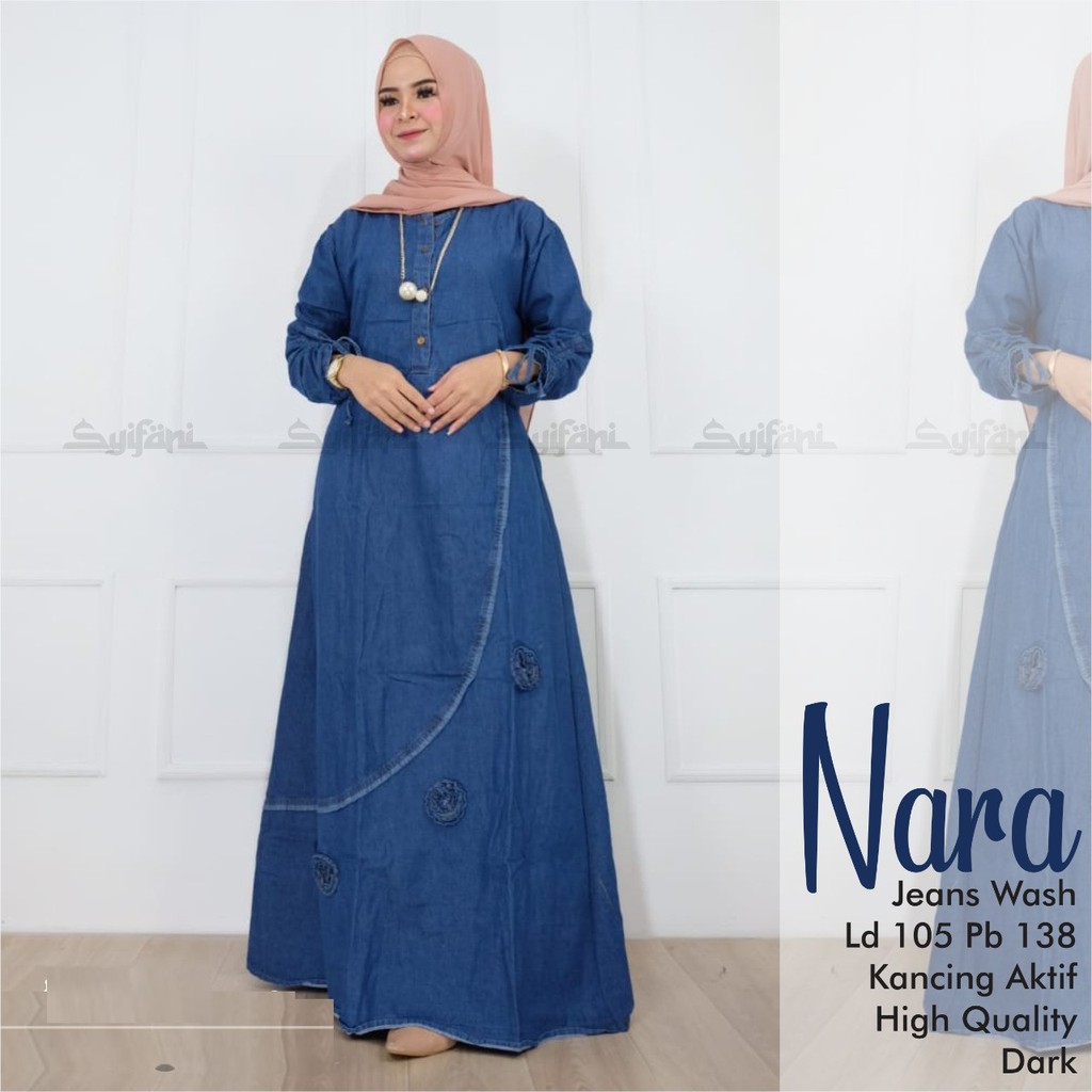 GAMIS MAWAR NARA DRESS MAXI ORIGINAL JEANS WASH KEKINIAN GBM