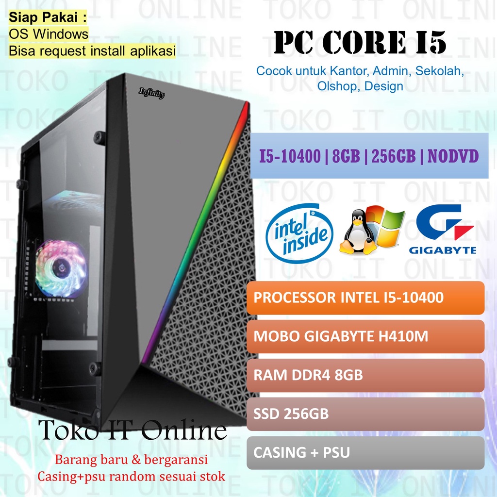 PC RAKITAN KOMPUTER CPU CORE I5-10400 RAM 8GB SSD 256GB - NO DVD