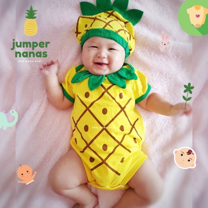 Baju Jumper Anak Bayi Baby Set Topi Motif Buah Lucu Halus Adem Berkualitas